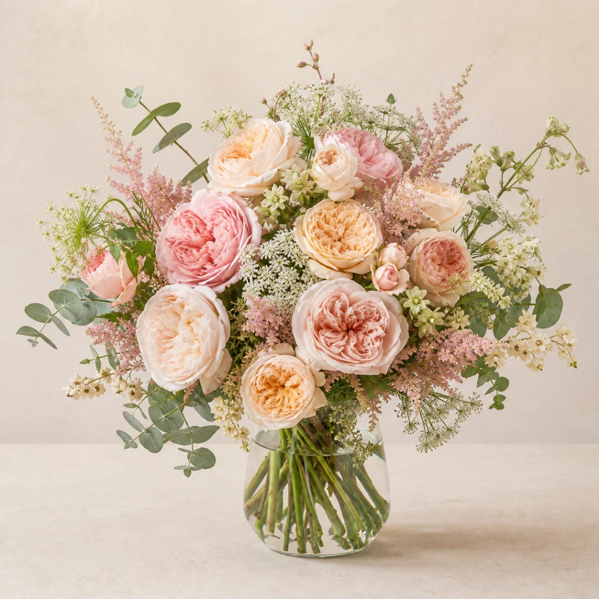 Premium blush and ivory garden rose arrangement