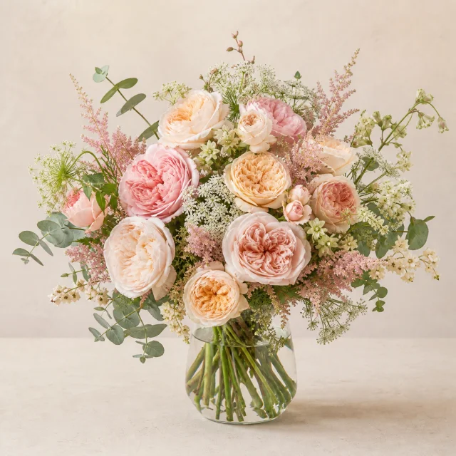 Premium blush and ivory garden rose arrangement