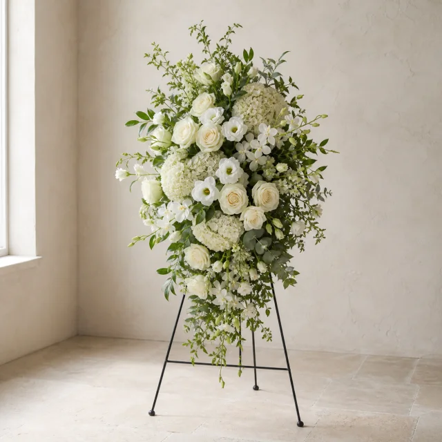 Custom cream white and ivory floral tribute on a standing easel
