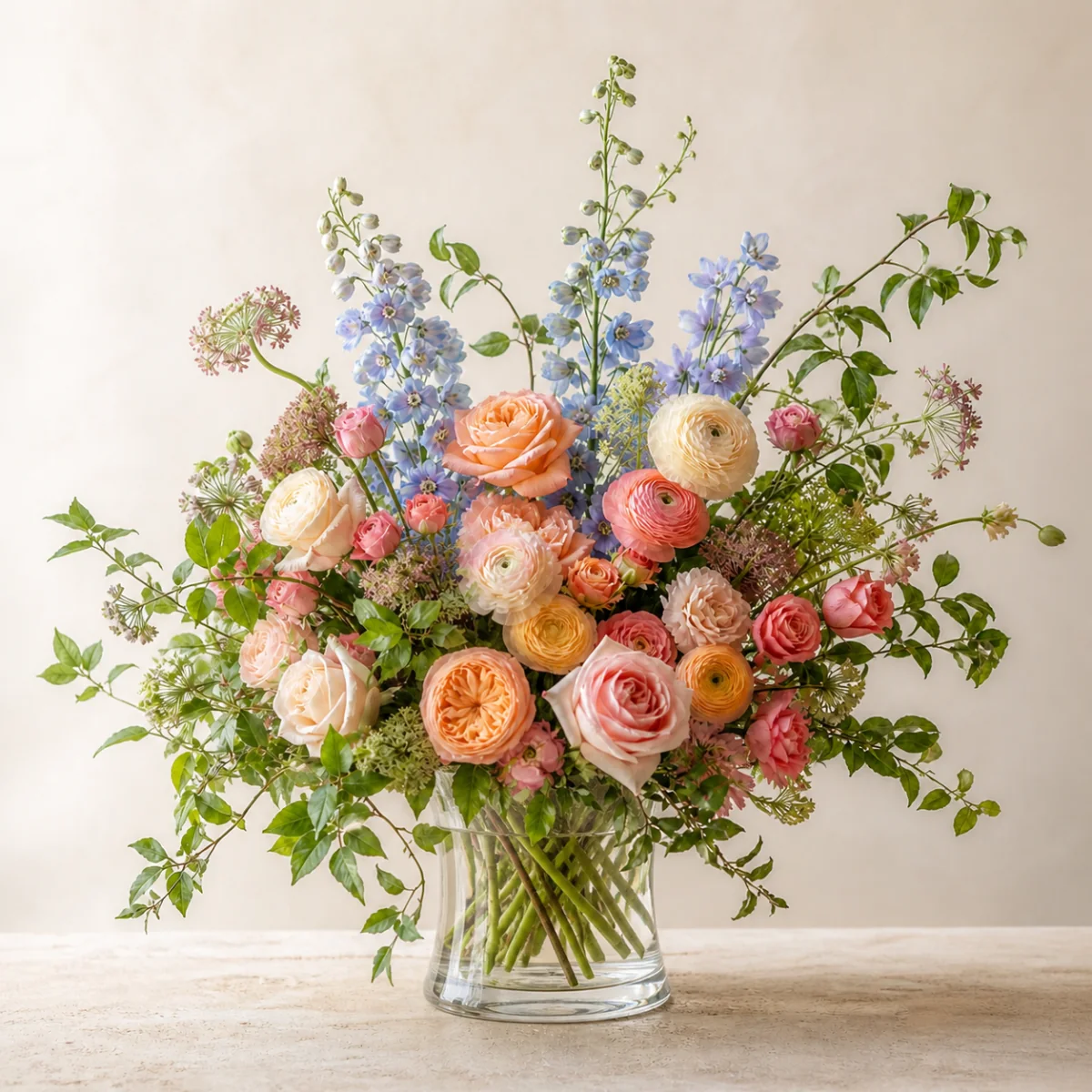autumn seasonal flower arrangement in a clear glass vase