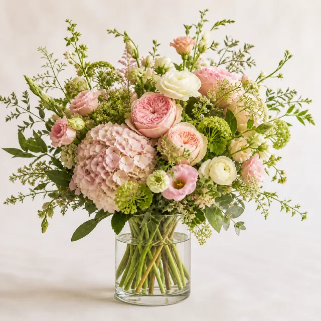 Loose pink and cream garden flowers