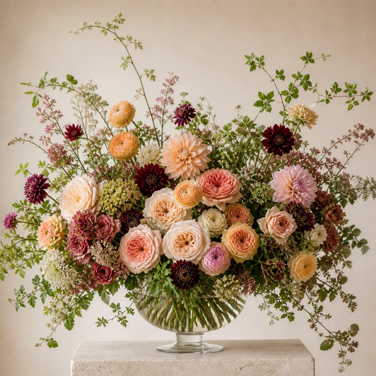 Large premium blush, apricot, cream, and berry garden arrangement in a clear glass compote