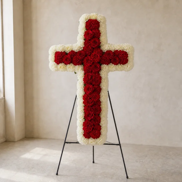 Red carnation and rose floral cross with a cream-white border on a standing easel