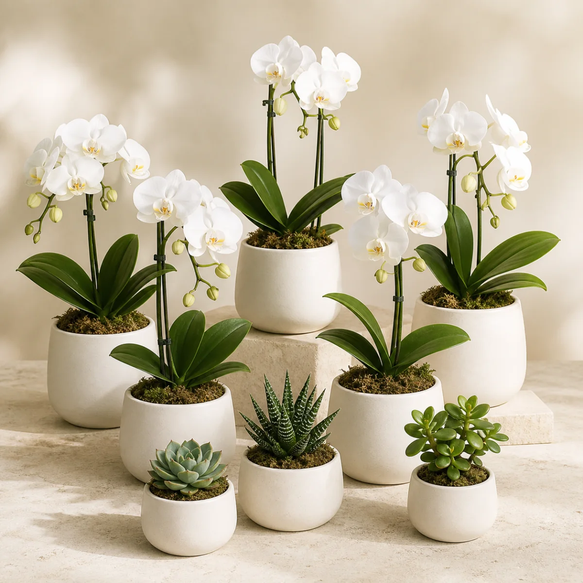 Premium orchid and succulent garden gift package in ceramic vessels