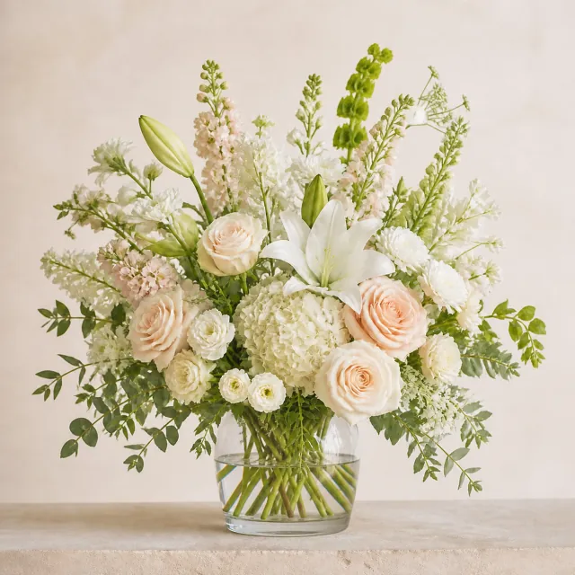 Gentle white and blush sympathy flowers in a clear glass vase