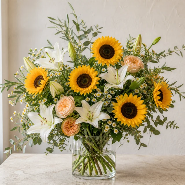 Sunflowers, ivory lilies, apricot garden roses, and chamomile in a clear glass vase