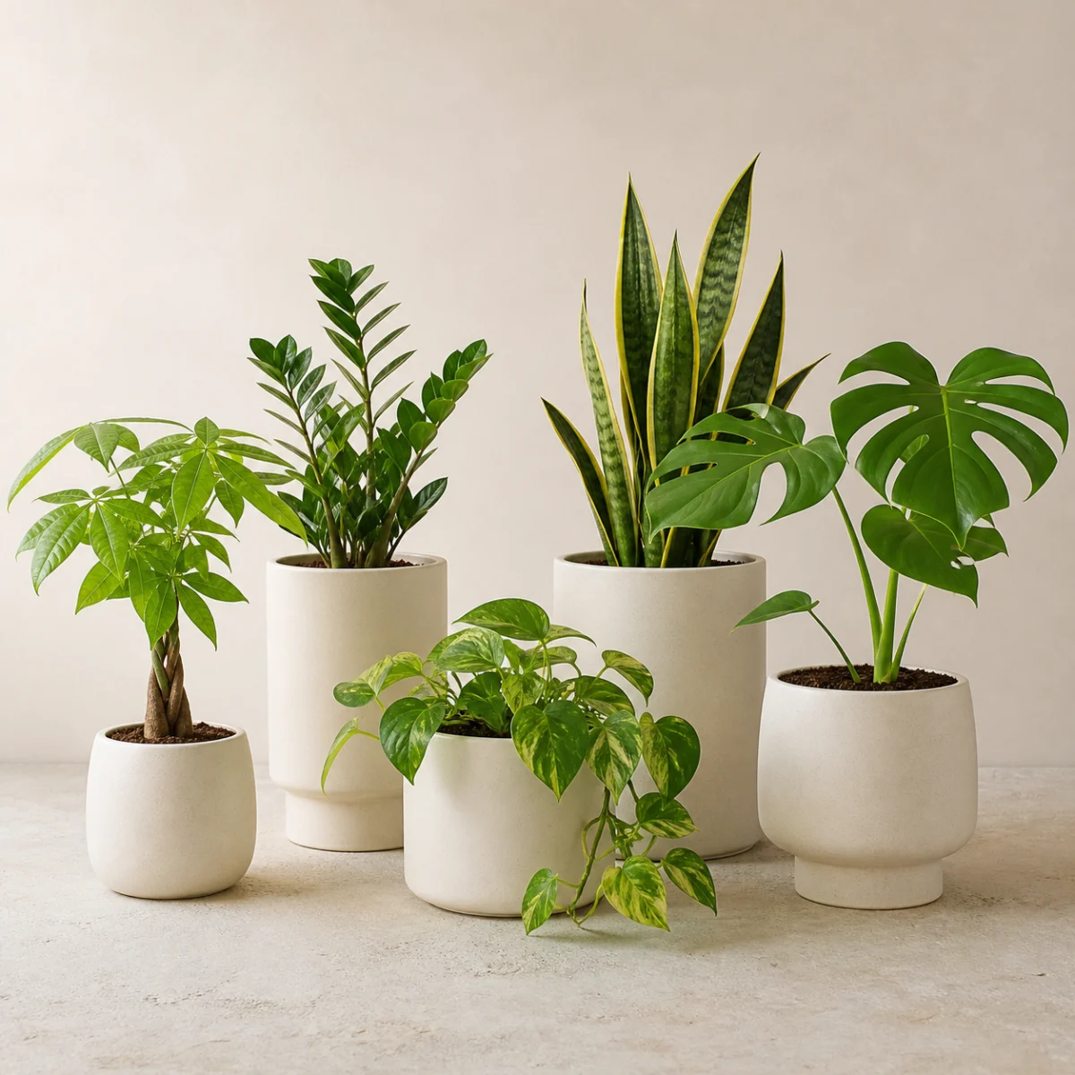 Five easy-care green plants in coordinated ivory ceramic vessels