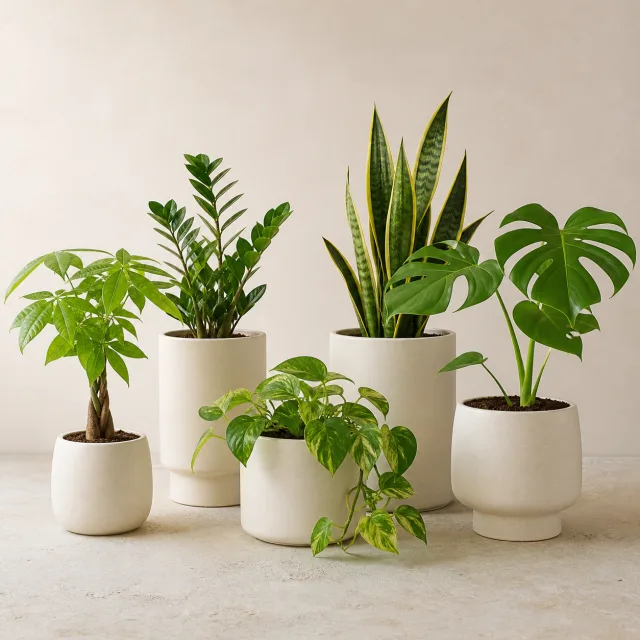 Five easy-care green plants in matching ceramic vessels