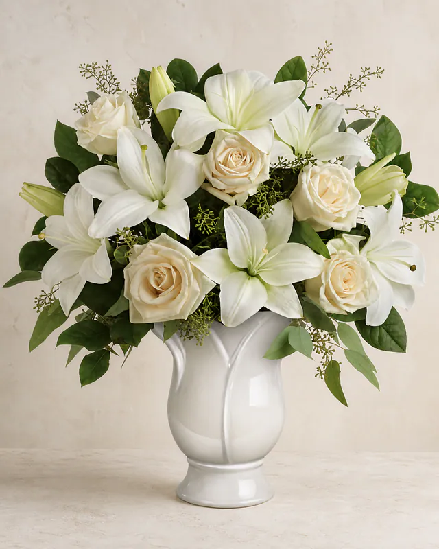 Cream-white lilies and ivory roses in a white ceramic pedestal vase