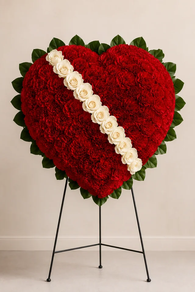 Cream-white carnation heart with a diagonal sash of red roses on a standing easel