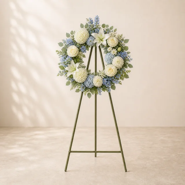 Powder blue remembrance wreath accented with cream white, ivory and pistachio foliage
