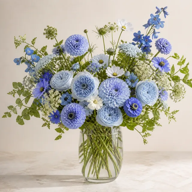 autumn seasonal flower arrangement in a clear glass vase