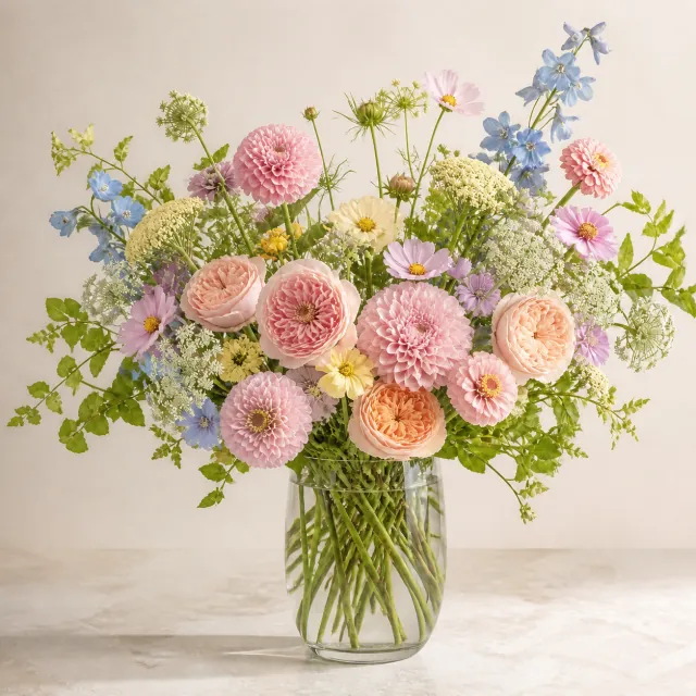 autumn seasonal flower arrangement in a clear glass vase