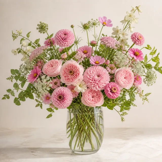 autumn seasonal flower arrangement in a clear glass vase