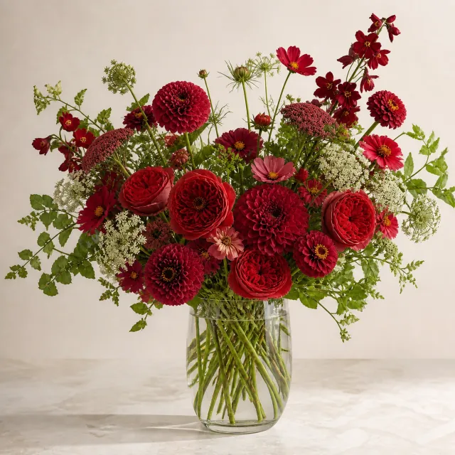 autumn seasonal flower arrangement in a clear glass vase