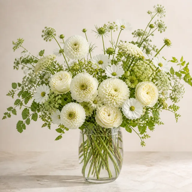 autumn seasonal flower arrangement in a clear glass vase