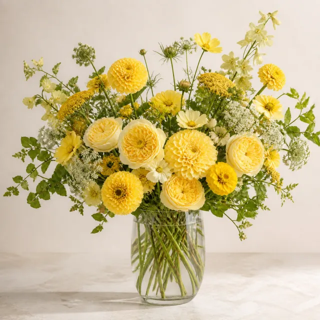 autumn seasonal flower arrangement in a clear glass vase