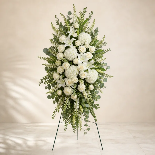 Cream white and ivory standing spray with pistachio foliage