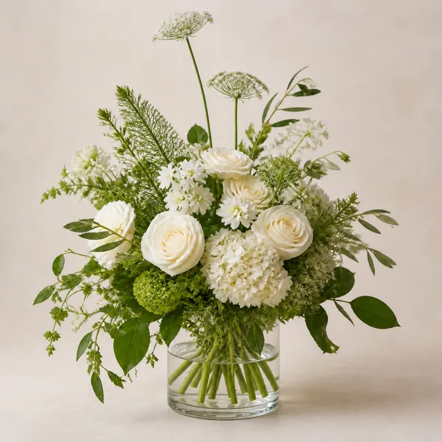 White flowers and green foliage arrangement